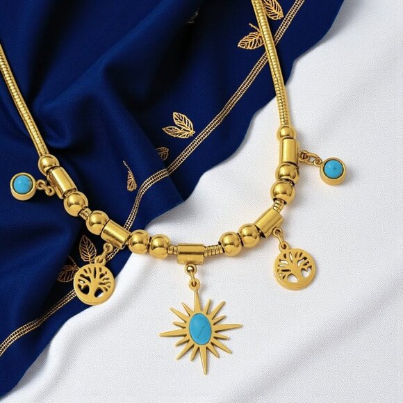🆕18K Gold Plated Stainless Steel Turquoise Necklace Sun Tree Of Life Charms - Picture 10 of 15